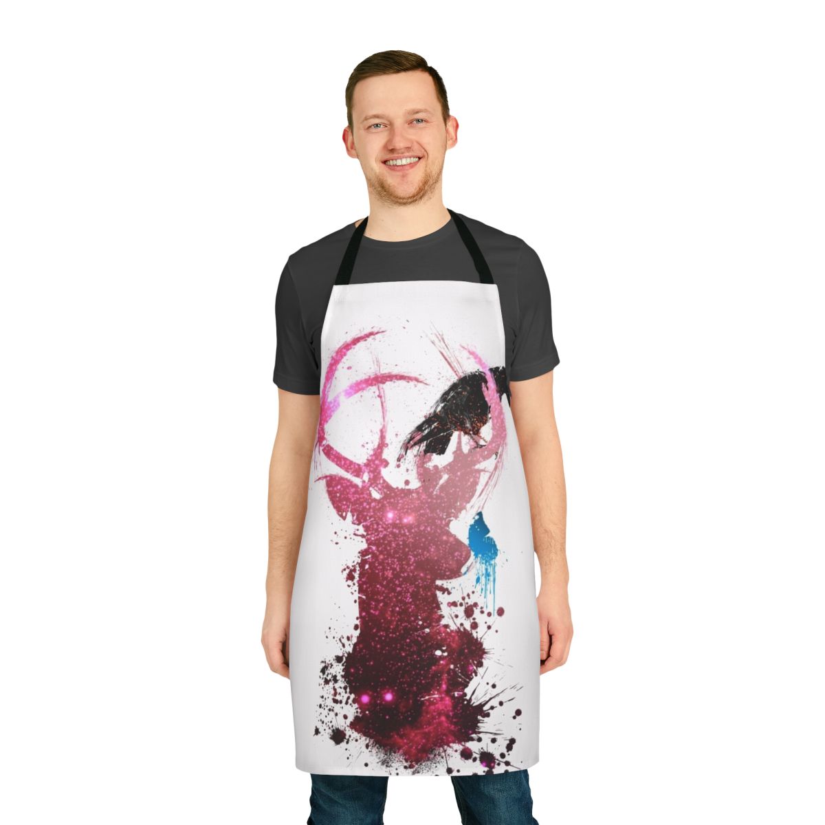 Apron with abstract spirit animal design in blue, pink, and black