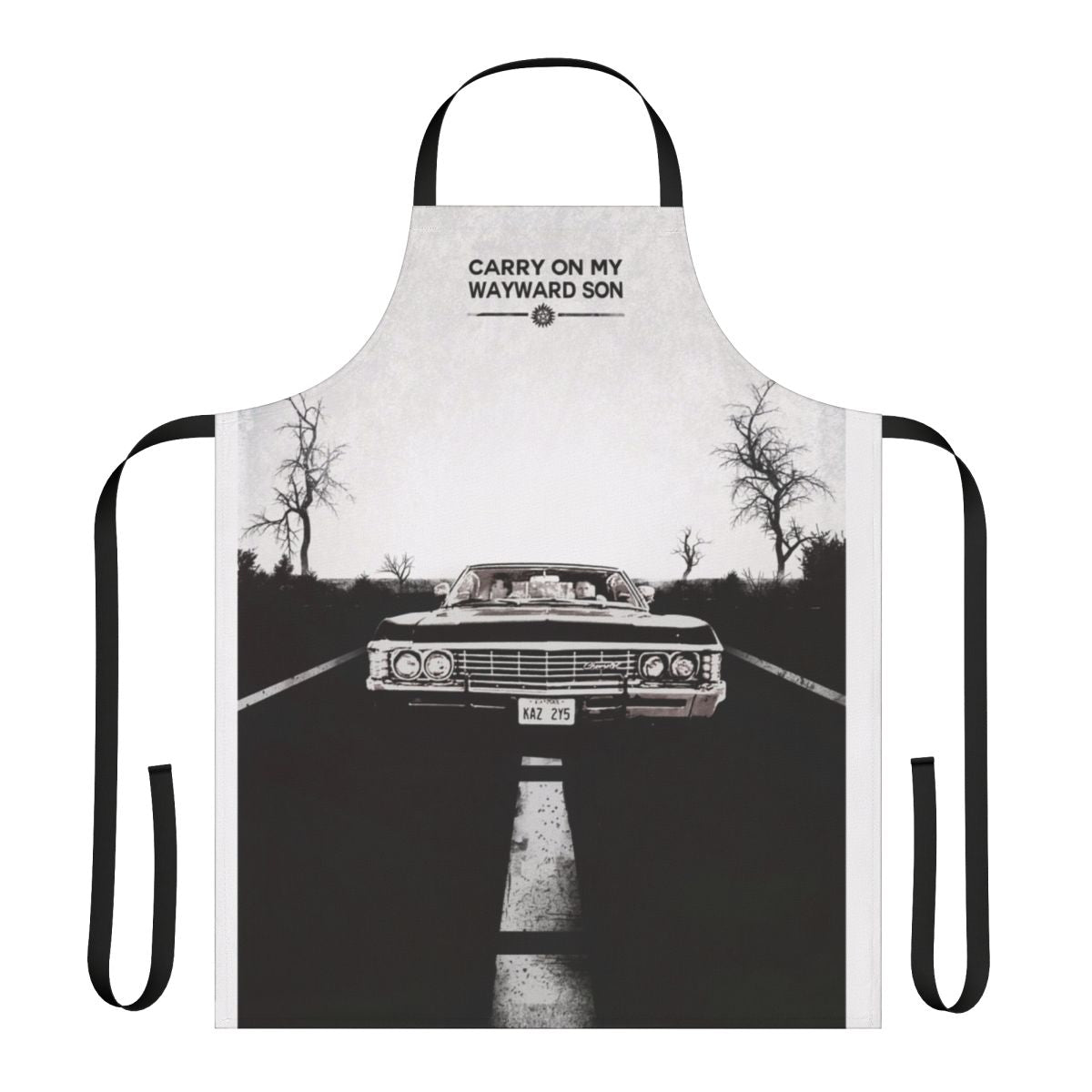 Demon hunter-inspired kitchen apron with supernatural, Winchester, and horror design elements
