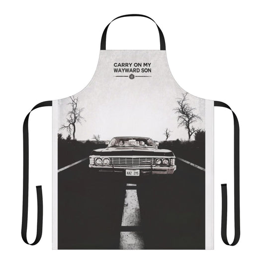 Demon hunter-inspired kitchen apron with supernatural, Winchester, and horror design elements