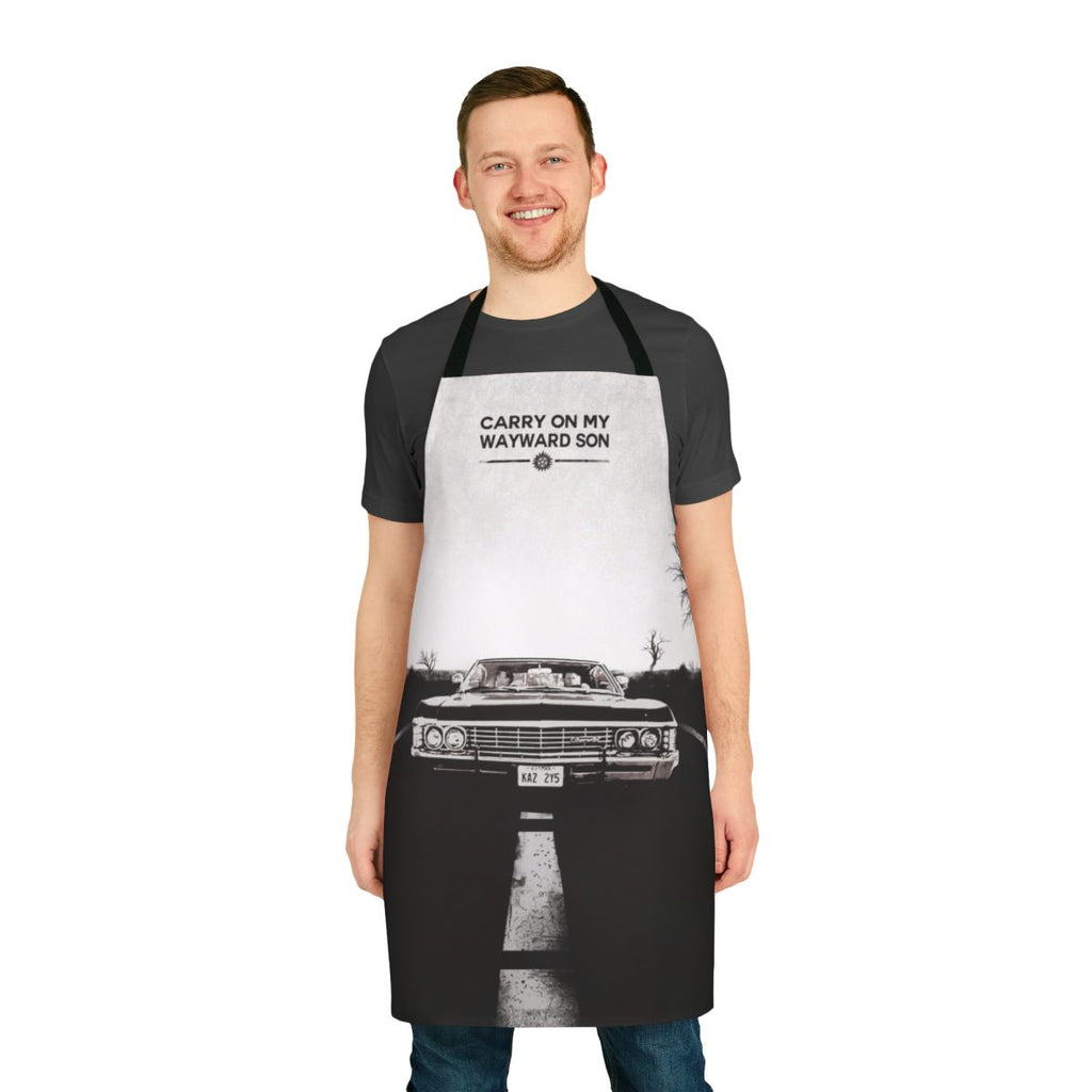 Demon hunter-inspired kitchen apron with supernatural, Winchester, and horror design elements