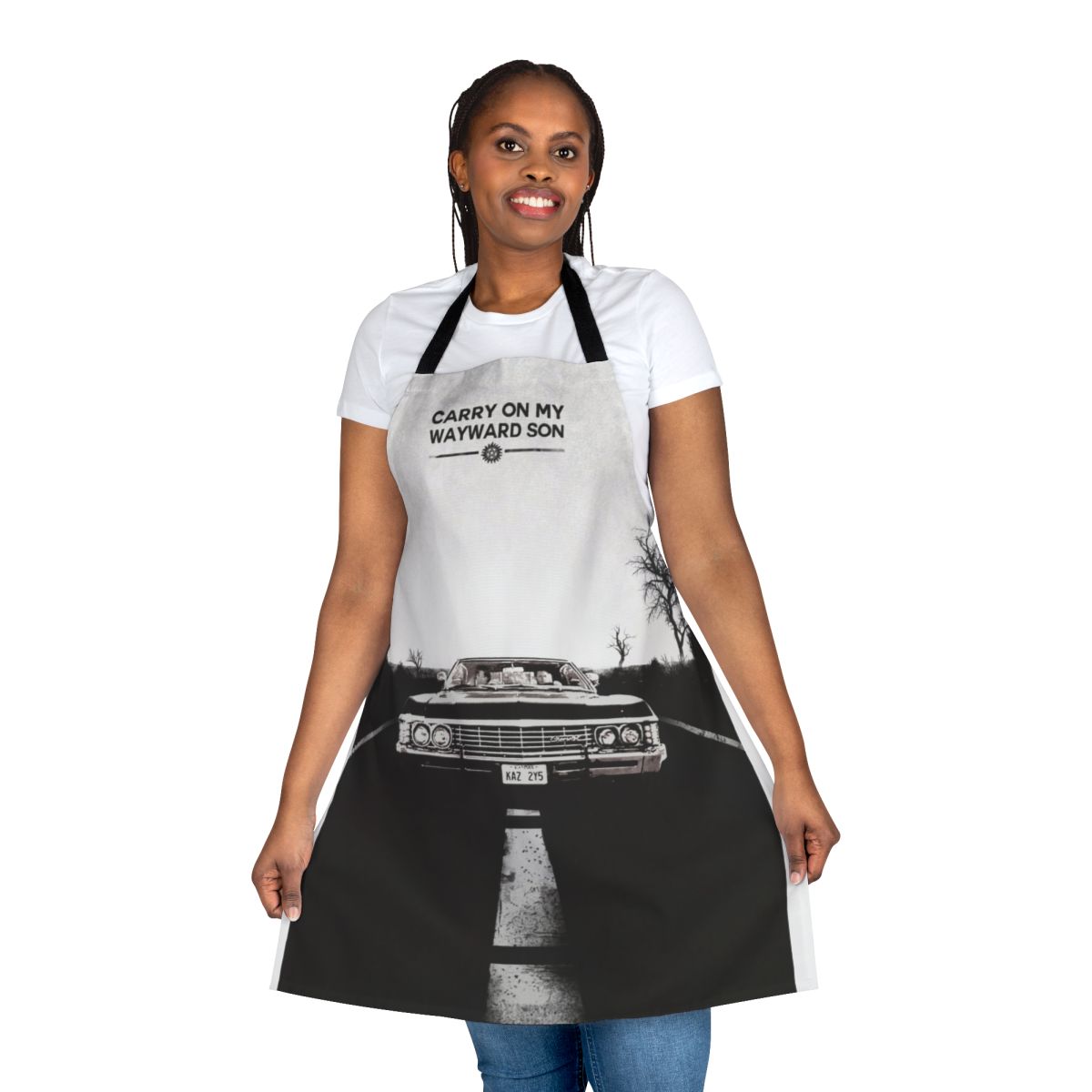 Demon hunter-inspired kitchen apron with supernatural, Winchester, and horror design elements