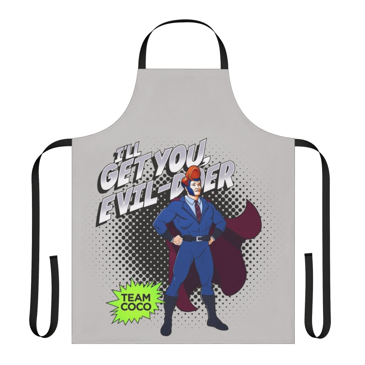 Superhero-inspired costume apron with muscles and powers design
