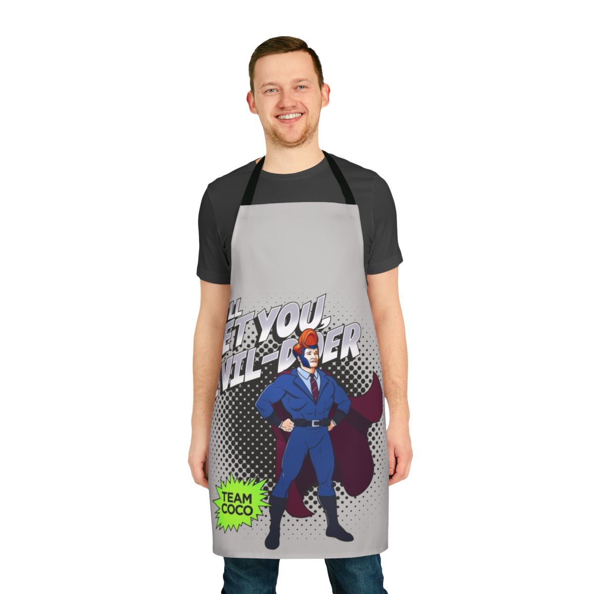 Superhero-inspired costume apron with muscles and powers design