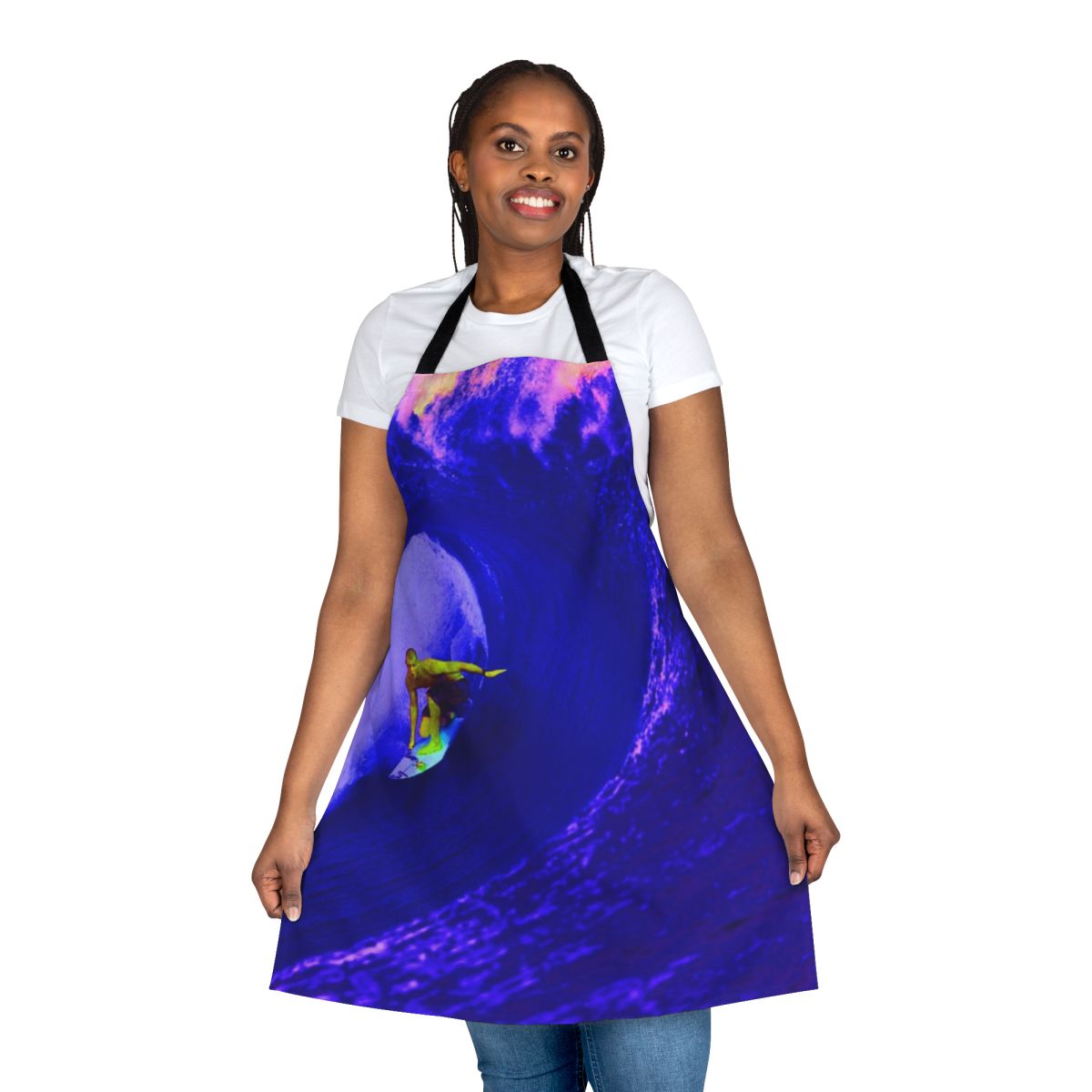 A surfing-themed apron featuring abstract, nature-inspired patterns in a vintage-inspired style.