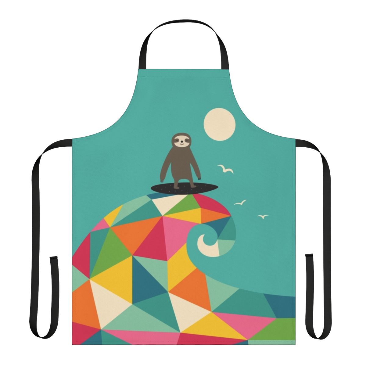 Colorful geometric rainbow pattern with a surfing sloth design on an apron