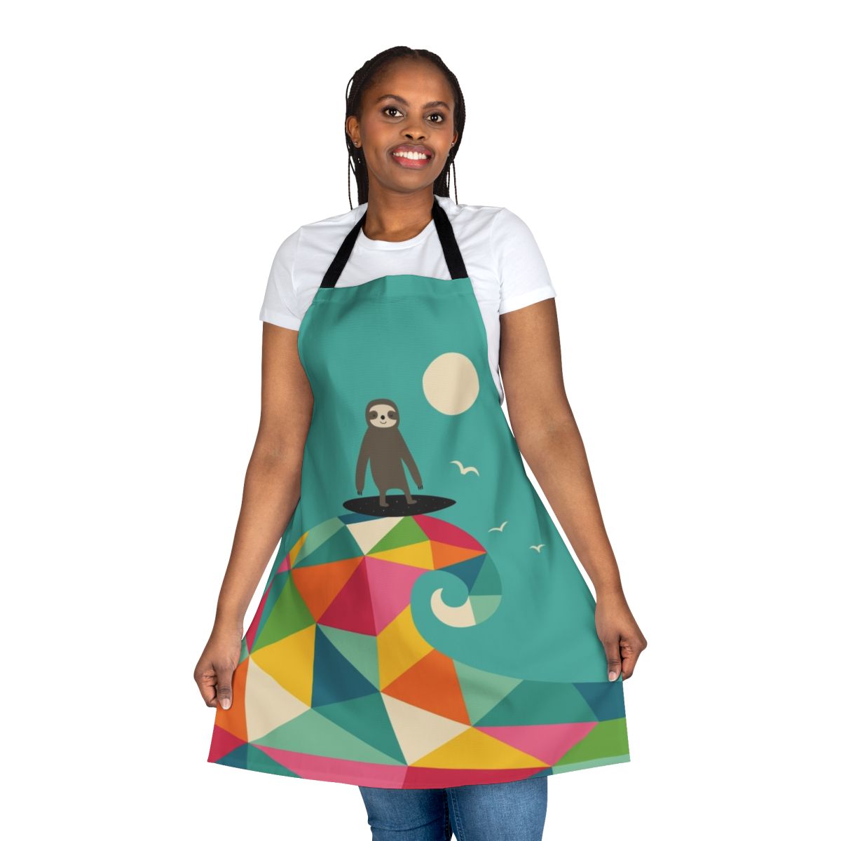 Colorful geometric rainbow pattern with a surfing sloth design on an apron