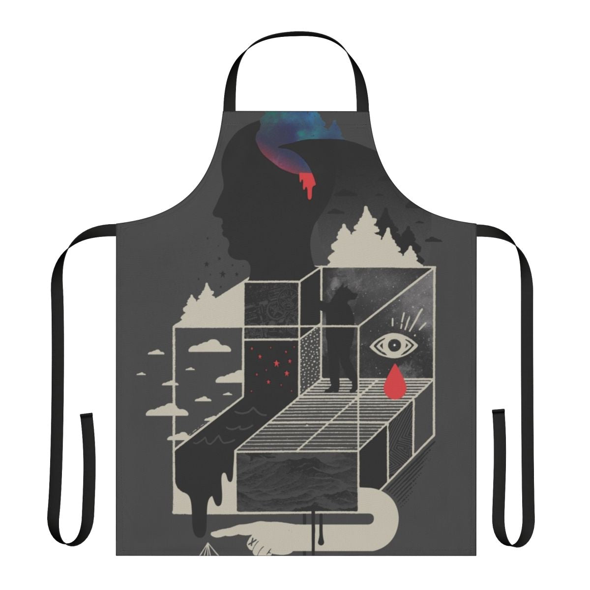 Surreal abstract apron with geometric shapes, clouds, stars, and dripping elements