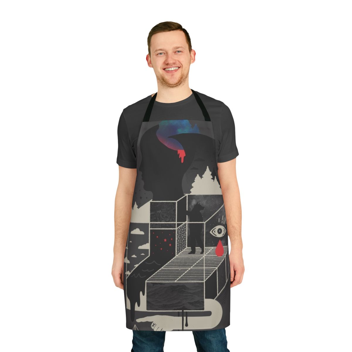 Surreal abstract apron with geometric shapes, clouds, stars, and dripping elements