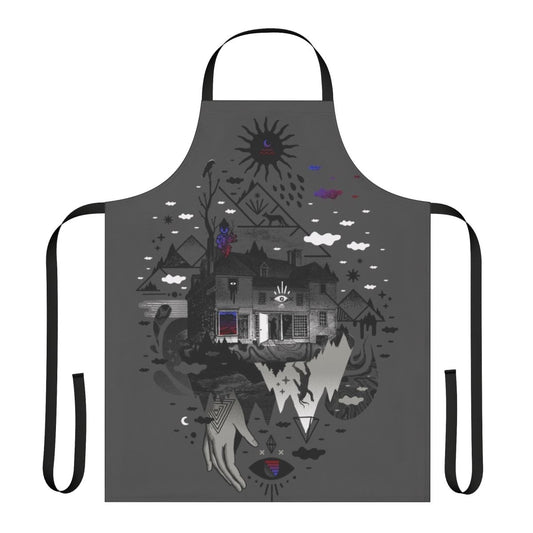 A surreal and abstract kitchen apron featuring a collage of elements like mountains, stars, and a house, creating a mystical and introspective design.