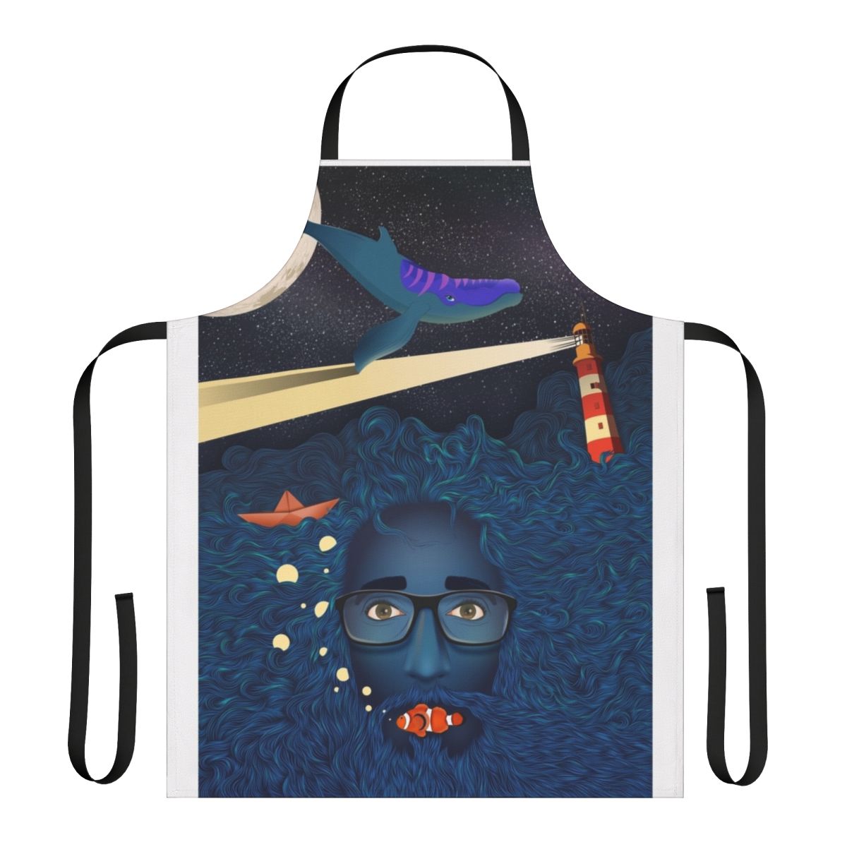 Apron featuring a surreal, mystical design with a flying whale, starry night sky, and other ethereal elements.