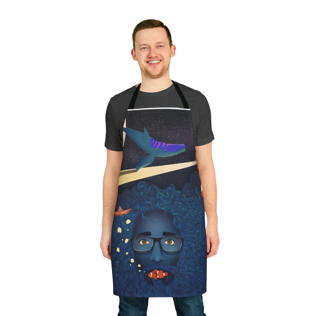 Apron featuring a surreal, mystical design with a flying whale, starry night sky, and other ethereal elements.