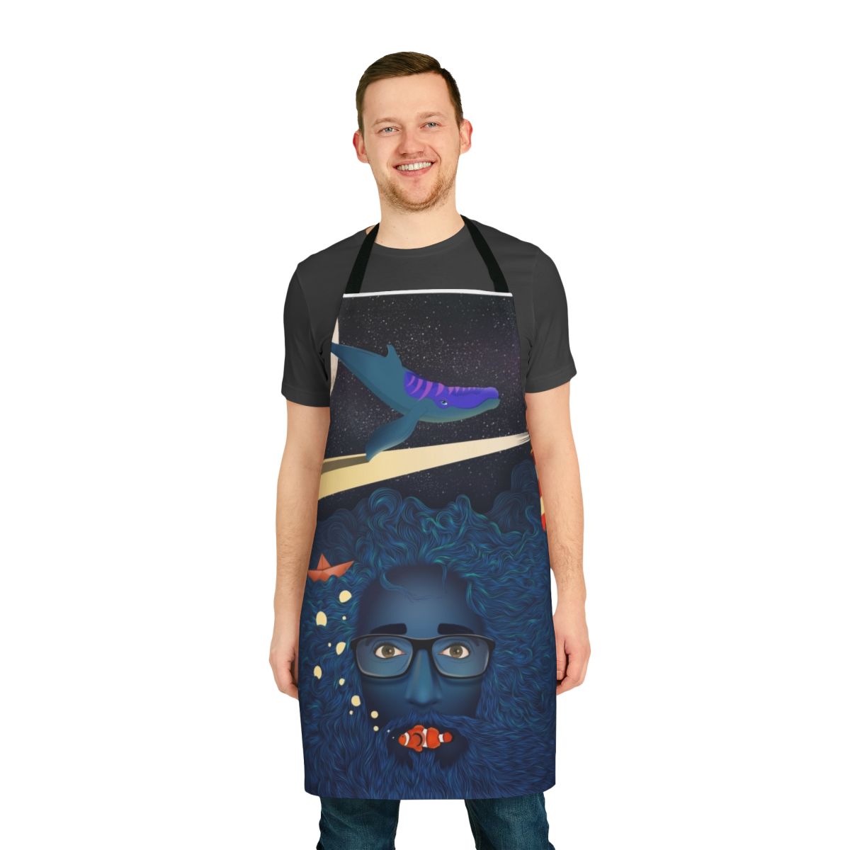 Apron featuring a surreal, mystical design with a flying whale, starry night sky, and other ethereal elements.