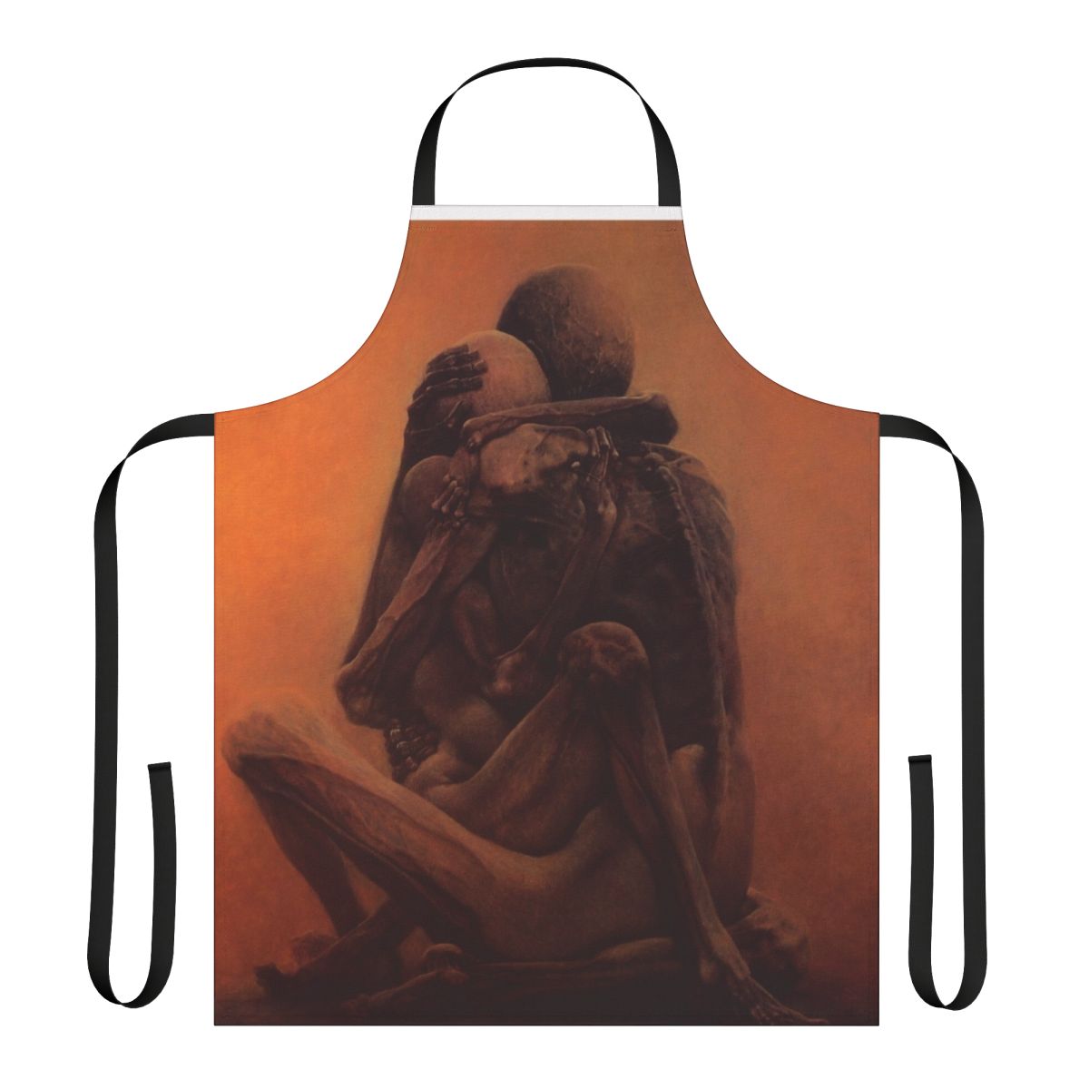 Apron featuring Beksiński's surreal painting "The Lovers" depicting a dark, atmospheric scene with skulls and otherworldly creatures.