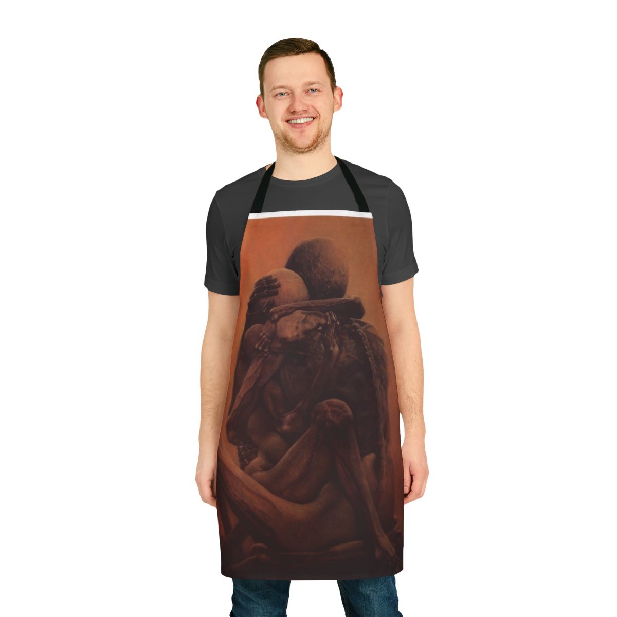 Apron featuring Beksiński's surreal painting "The Lovers" depicting a dark, atmospheric scene with skulls and otherworldly creatures.