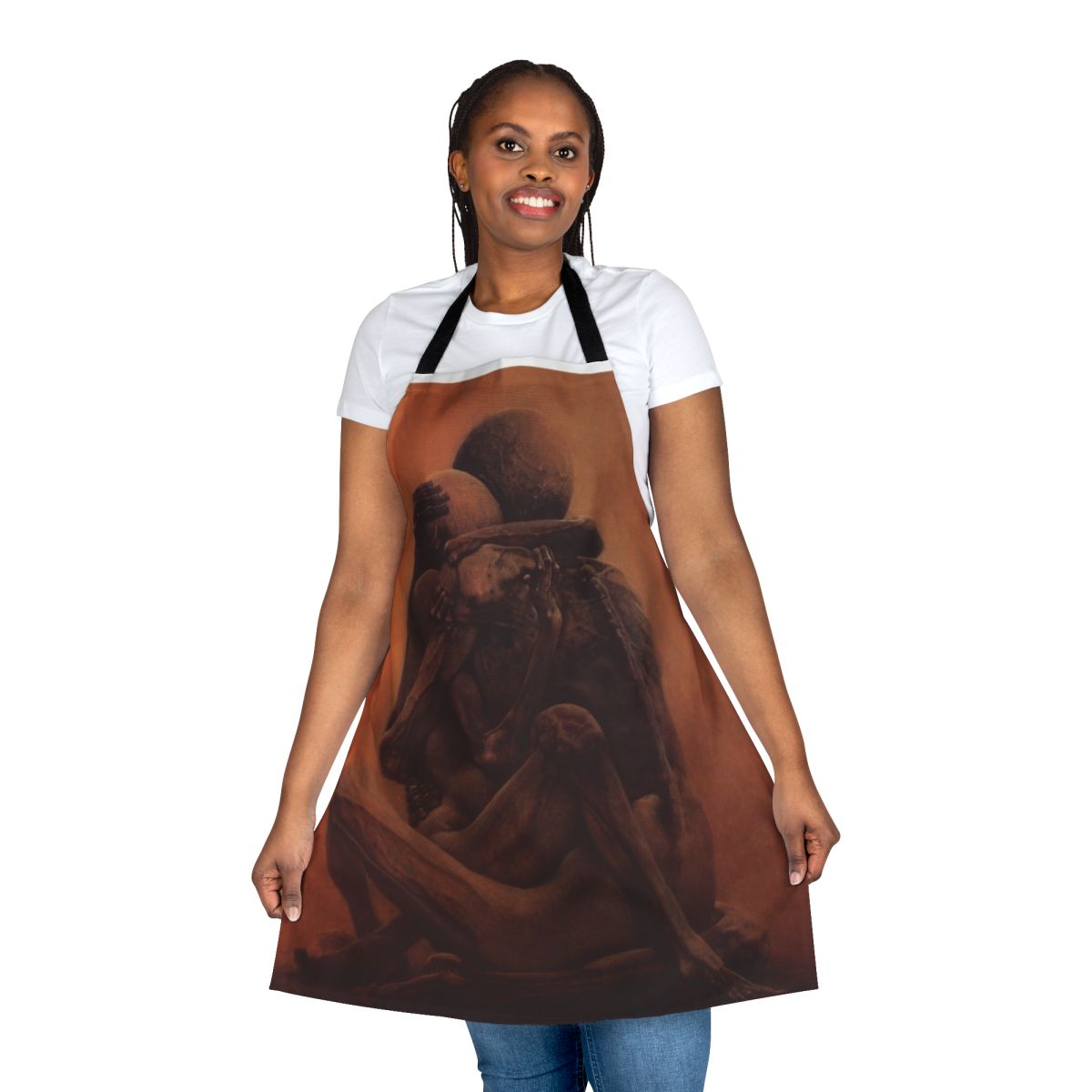 Apron featuring Beksiński's surreal painting "The Lovers" depicting a dark, atmospheric scene with skulls and otherworldly creatures.