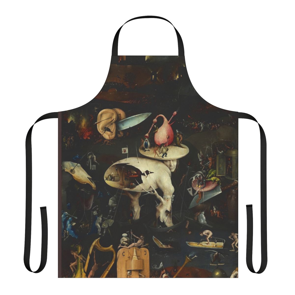 Surreal art apron featuring Hieronymus Bosch's 'Hell' painting with dark, fantastical elements.
