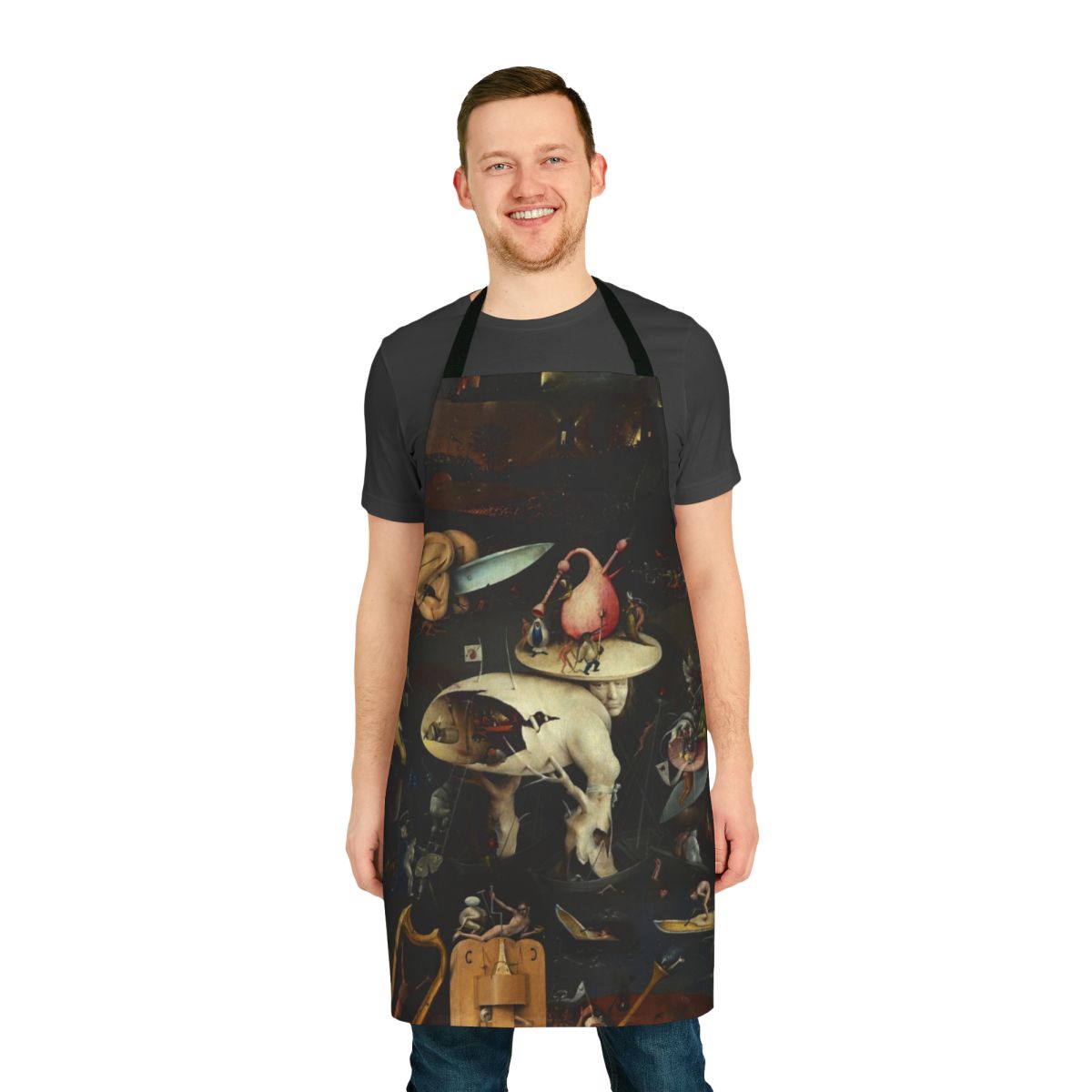 Surreal art apron featuring Hieronymus Bosch's 'Hell' painting with dark, fantastical elements.