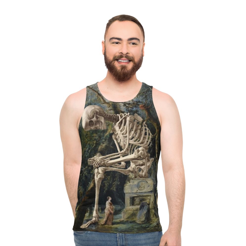 Surreal art unisex tank top featuring an illustration of a skull and skeleton