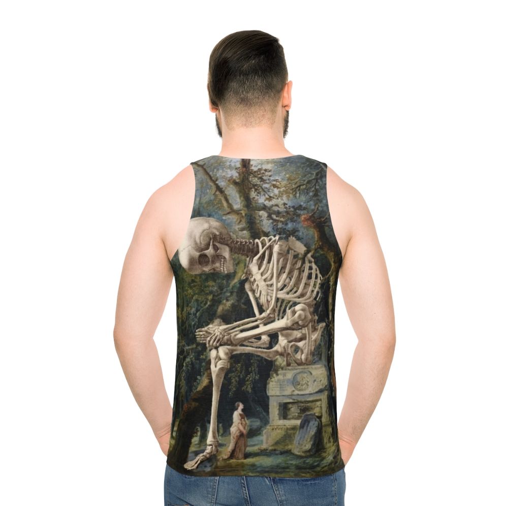 Surreal art unisex tank top featuring an illustration of a skull and skeleton