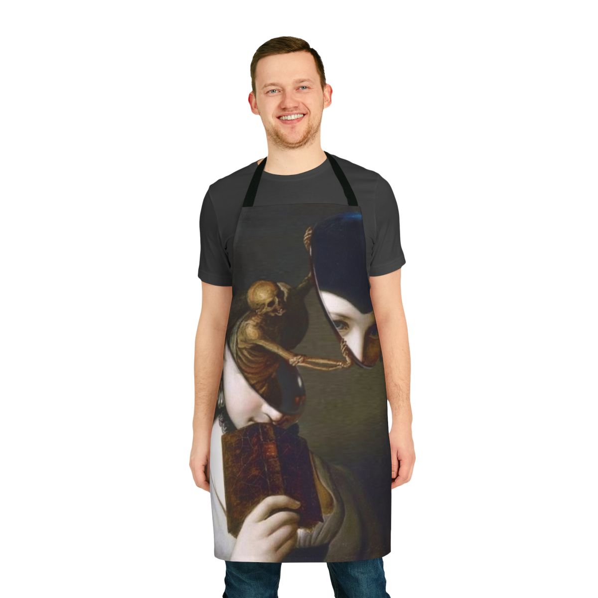 Surreal artistic apron featuring a collage of various visual styles and motifs