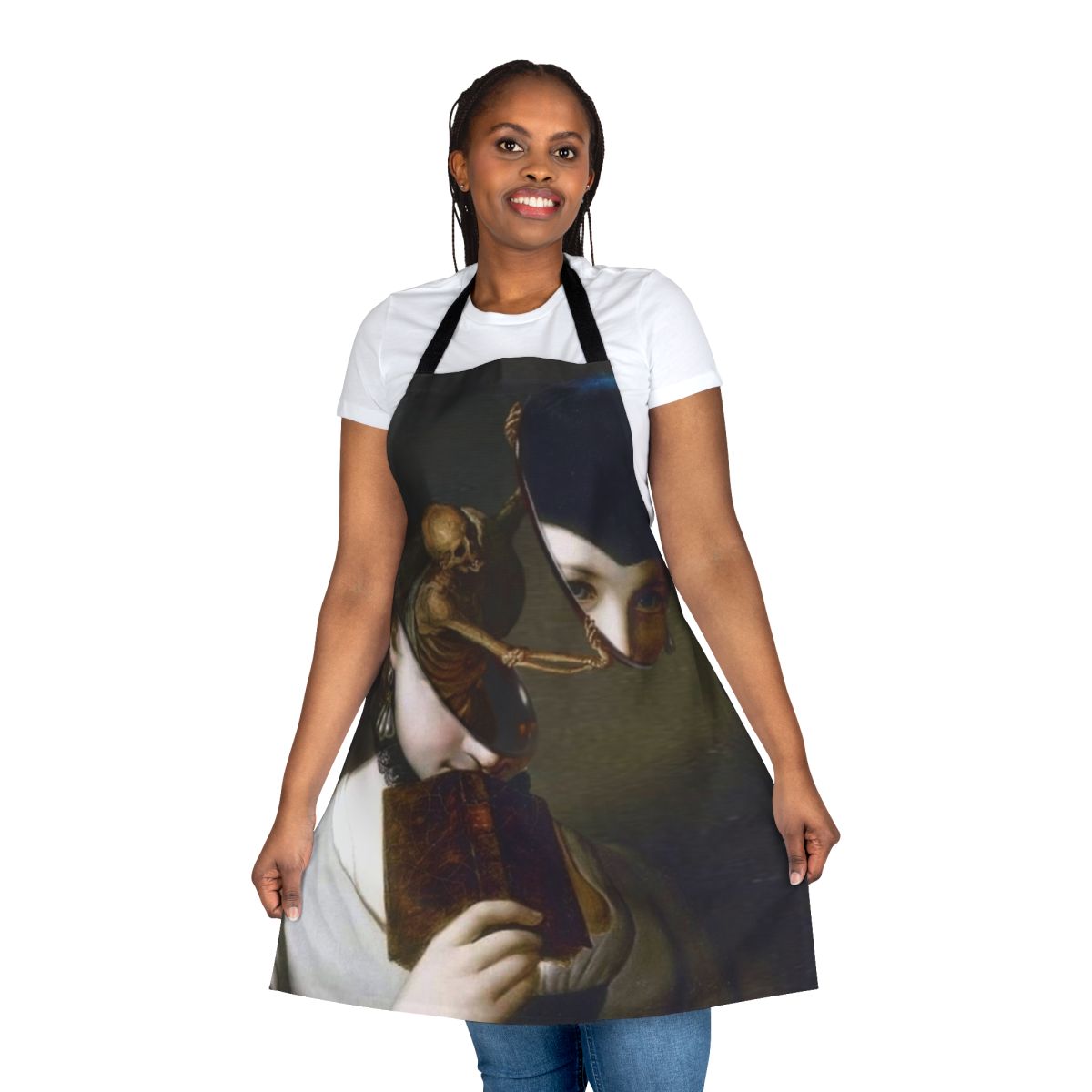 Surreal artistic apron featuring a collage of various visual styles and motifs