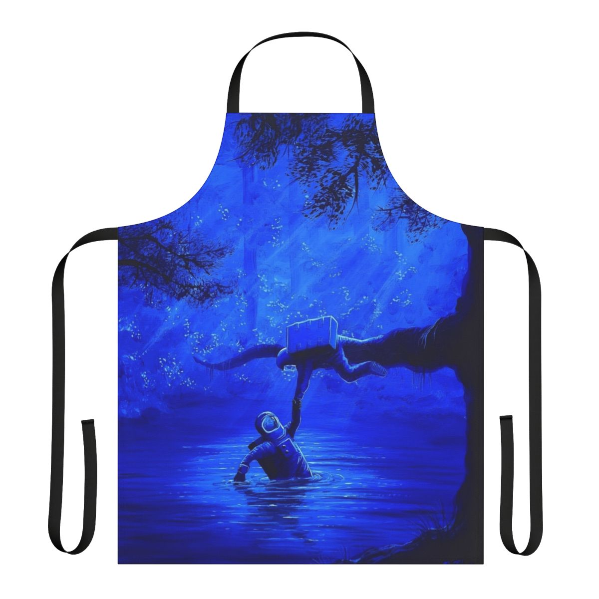 Surreal astronaut apron with space, nature, and blue tones