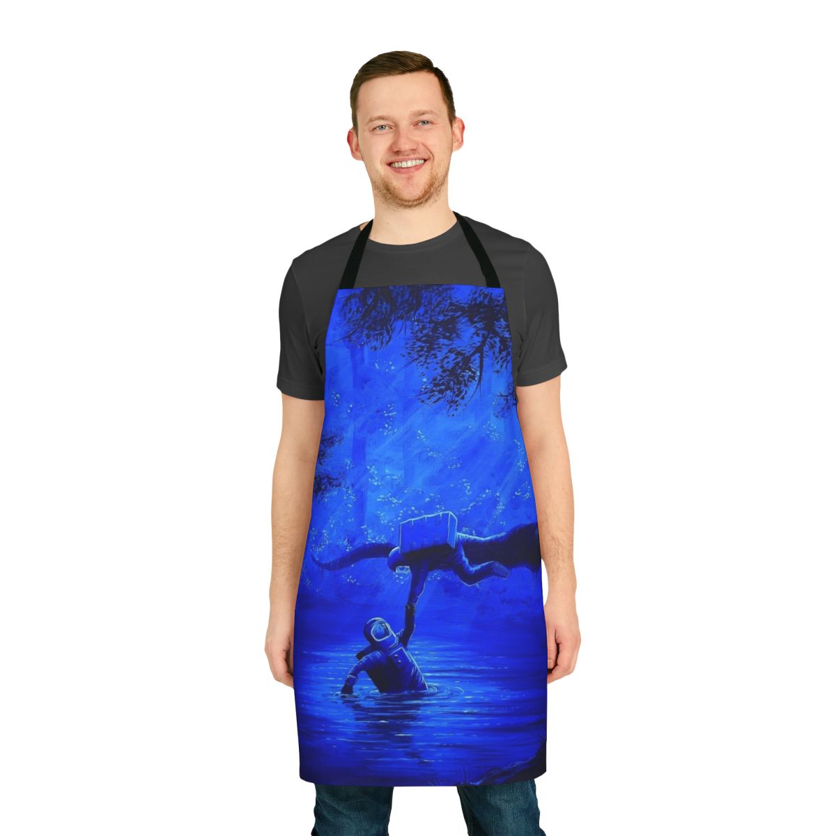 Surreal astronaut apron with space, nature, and blue tones