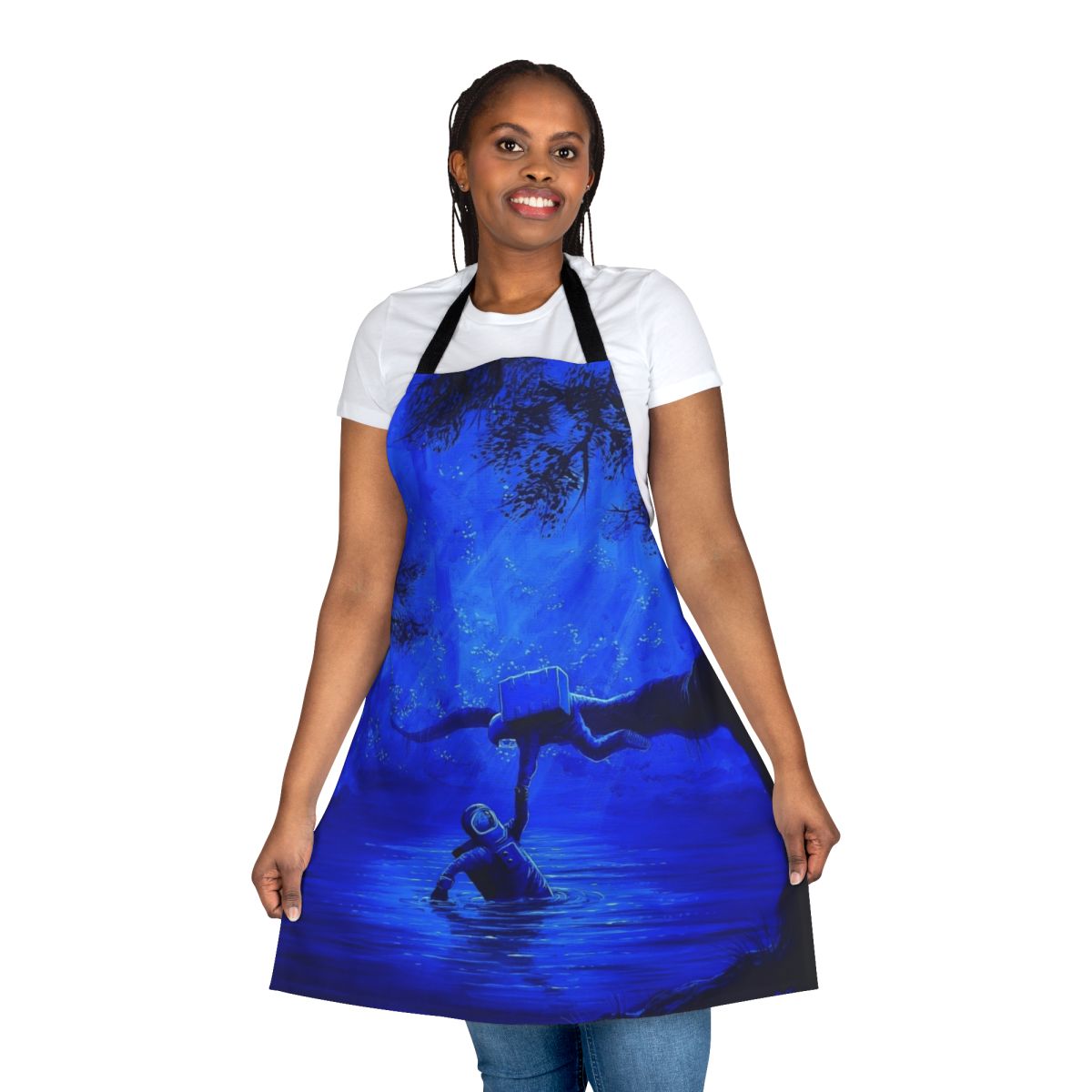 Surreal astronaut apron with space, nature, and blue tones