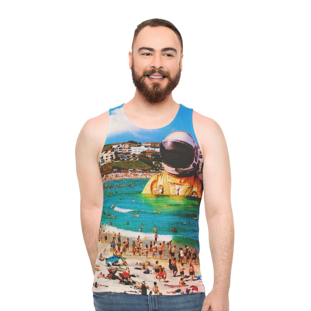 Surreal digital collage design of a person in a spacesuit on a beach