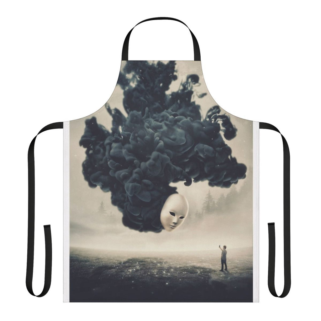 A dark, surreal apron featuring a spooky, dreamlike landscape and a floating cell phone taking a "selfie"