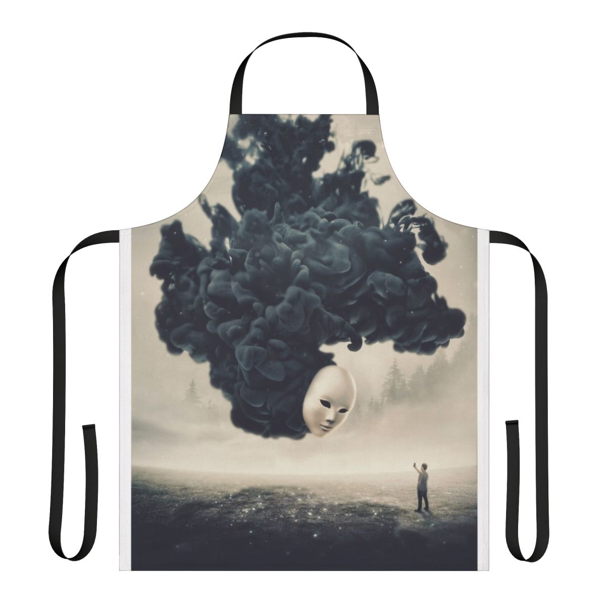 A dark, surreal apron featuring a spooky, dreamlike landscape and a floating cell phone taking a "selfie"