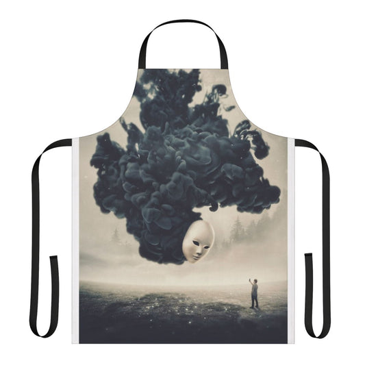 A dark, surreal apron featuring a spooky, dreamlike landscape and a floating cell phone taking a "selfie"