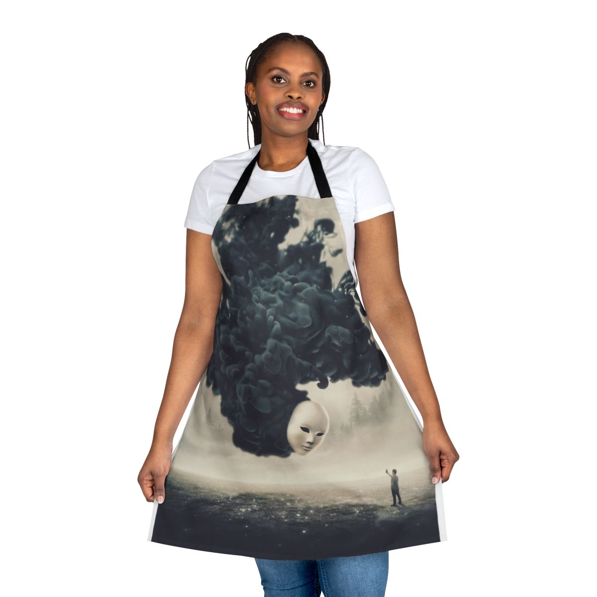 A dark, surreal apron featuring a spooky, dreamlike landscape and a floating cell phone taking a "selfie"