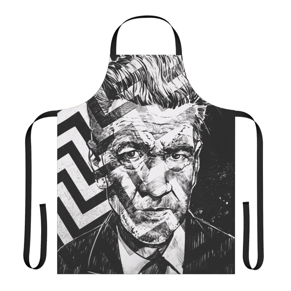 A surreal apron design featuring the iconic imagery and themes of filmmaker David Lynch.