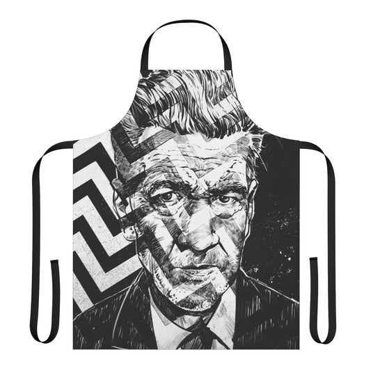 A surreal apron design featuring the iconic imagery and themes of filmmaker David Lynch.