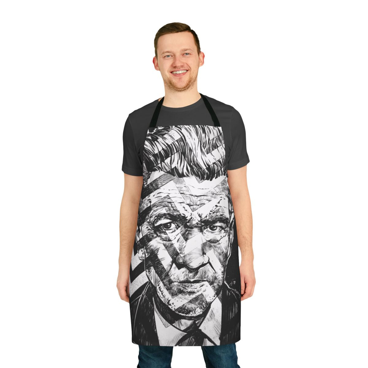 A surreal apron design featuring the iconic imagery and themes of filmmaker David Lynch.