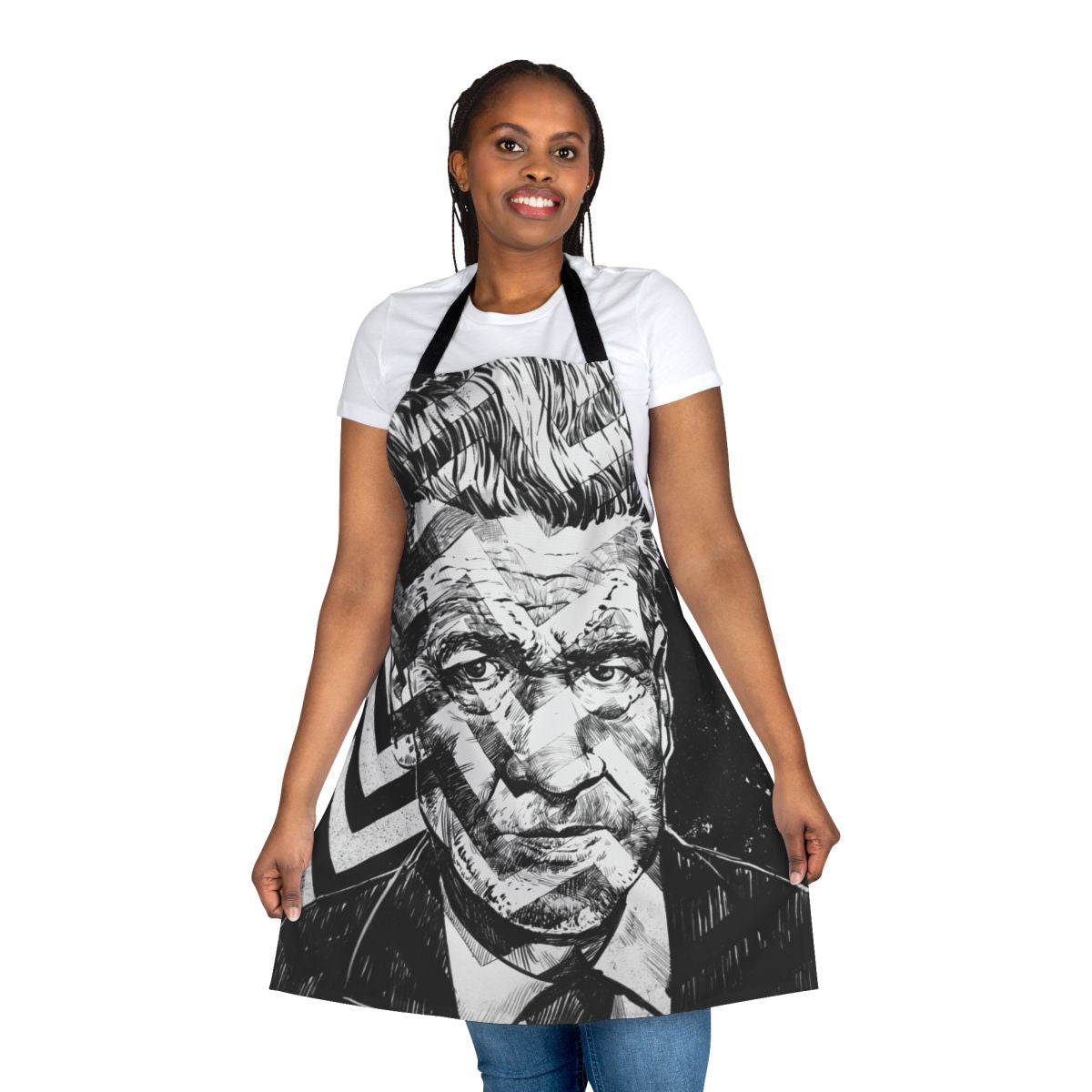A surreal apron design featuring the iconic imagery and themes of filmmaker David Lynch.