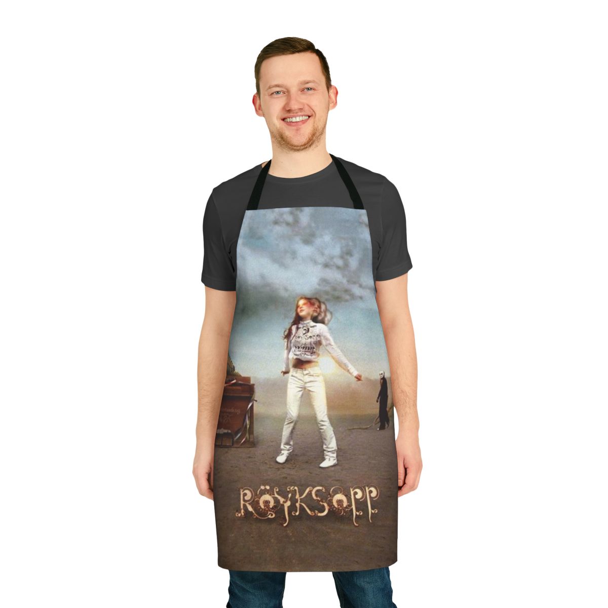Apron featuring a surreal desert landscape design inspired by the music of electronic duo Royksopp