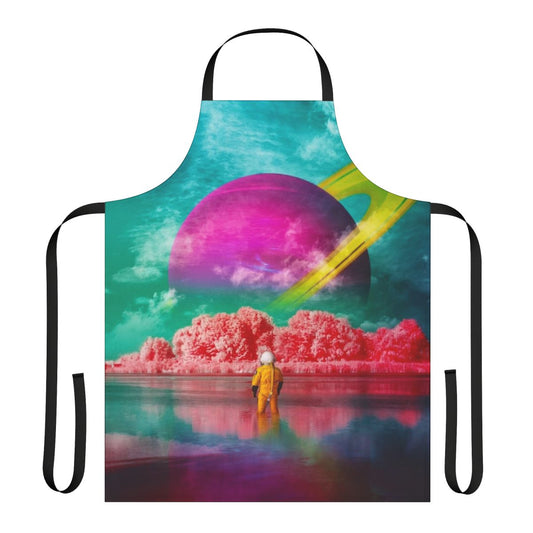 Vibrant, surreal apron featuring a digital art collage with an astronaut, sci-fi elements, and bold colors.