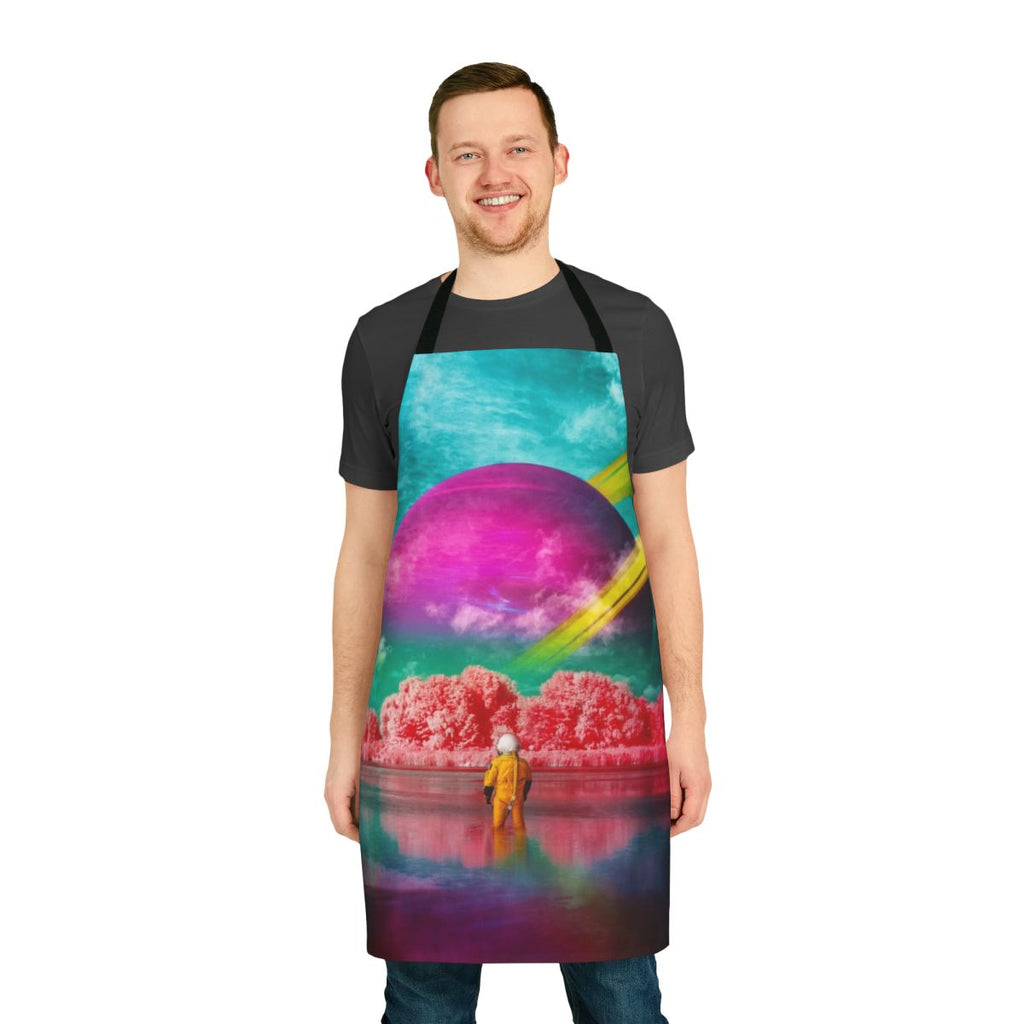 Vibrant, surreal apron featuring a digital art collage with an astronaut, sci-fi elements, and bold colors.