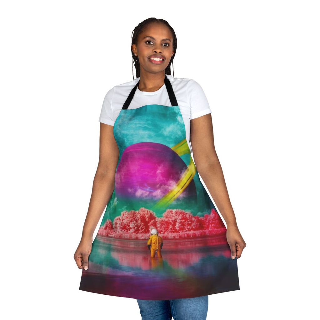 Vibrant, surreal apron featuring a digital art collage with an astronaut, sci-fi elements, and bold colors.