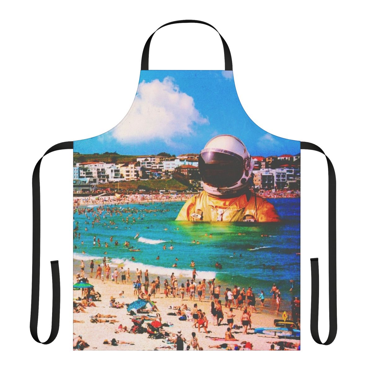Surreal digital art collage of a beach astronaut, featured on an apron product.