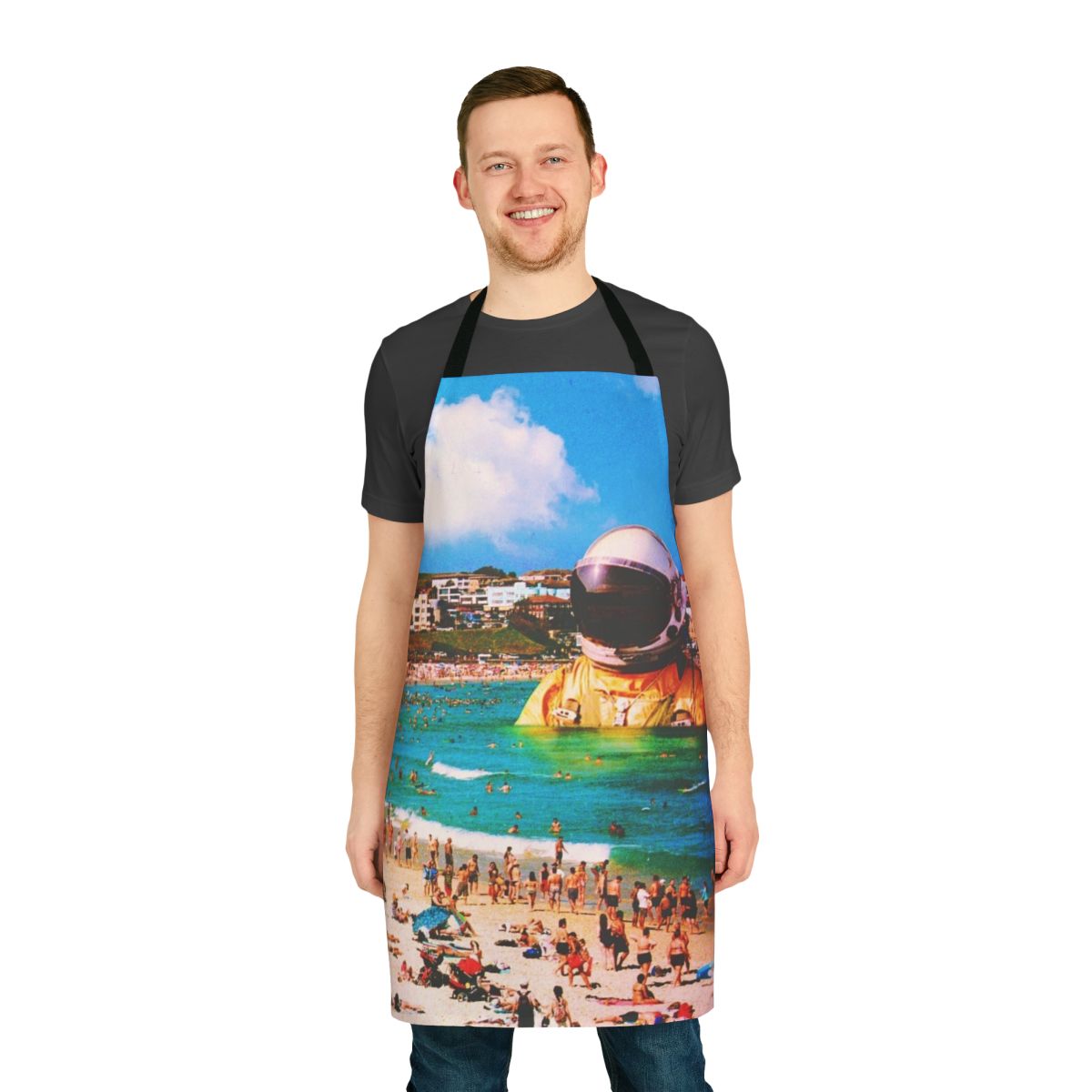 Surreal digital art collage of a beach astronaut, featured on an apron product.