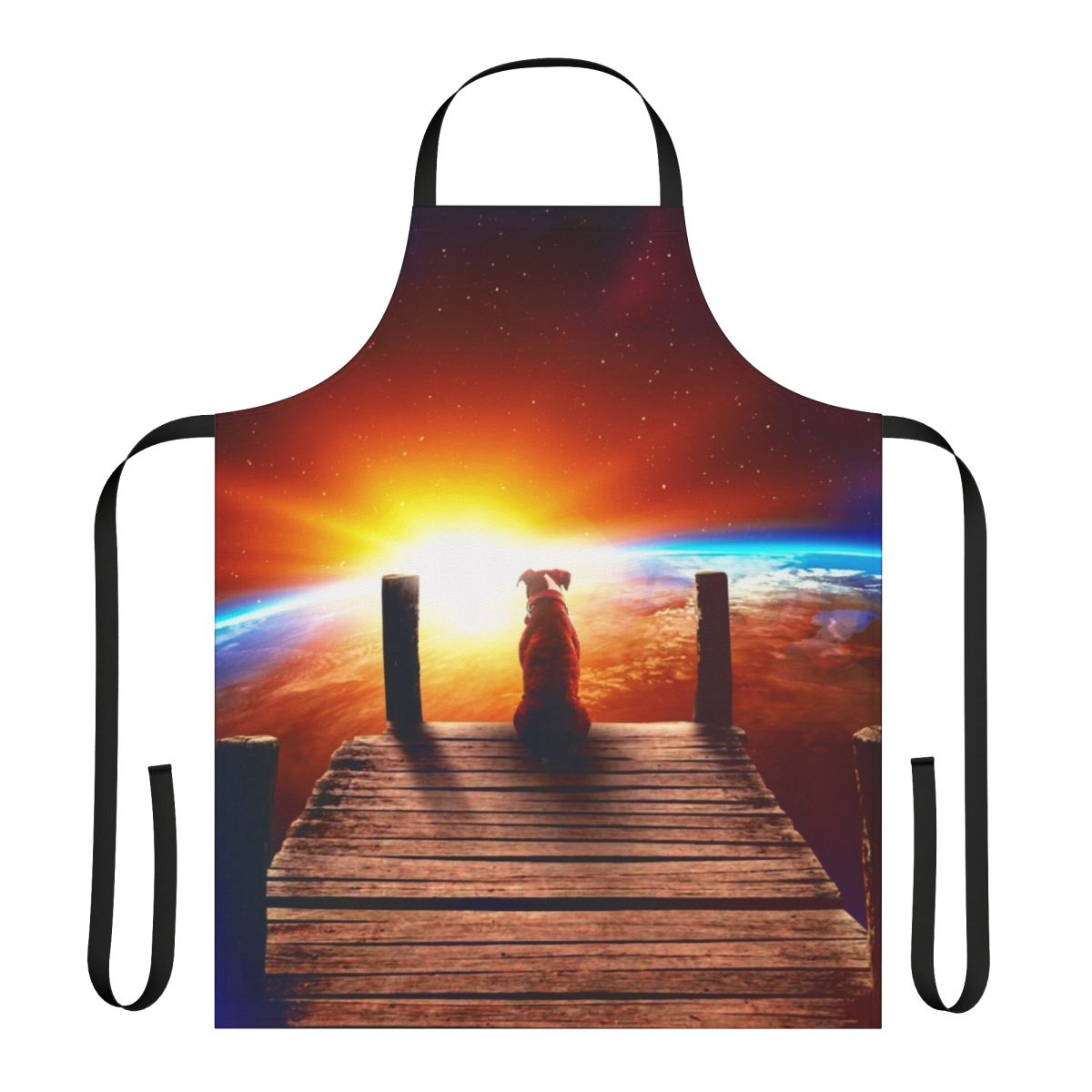 A surreal digital collage apron featuring a dog in a space-themed design