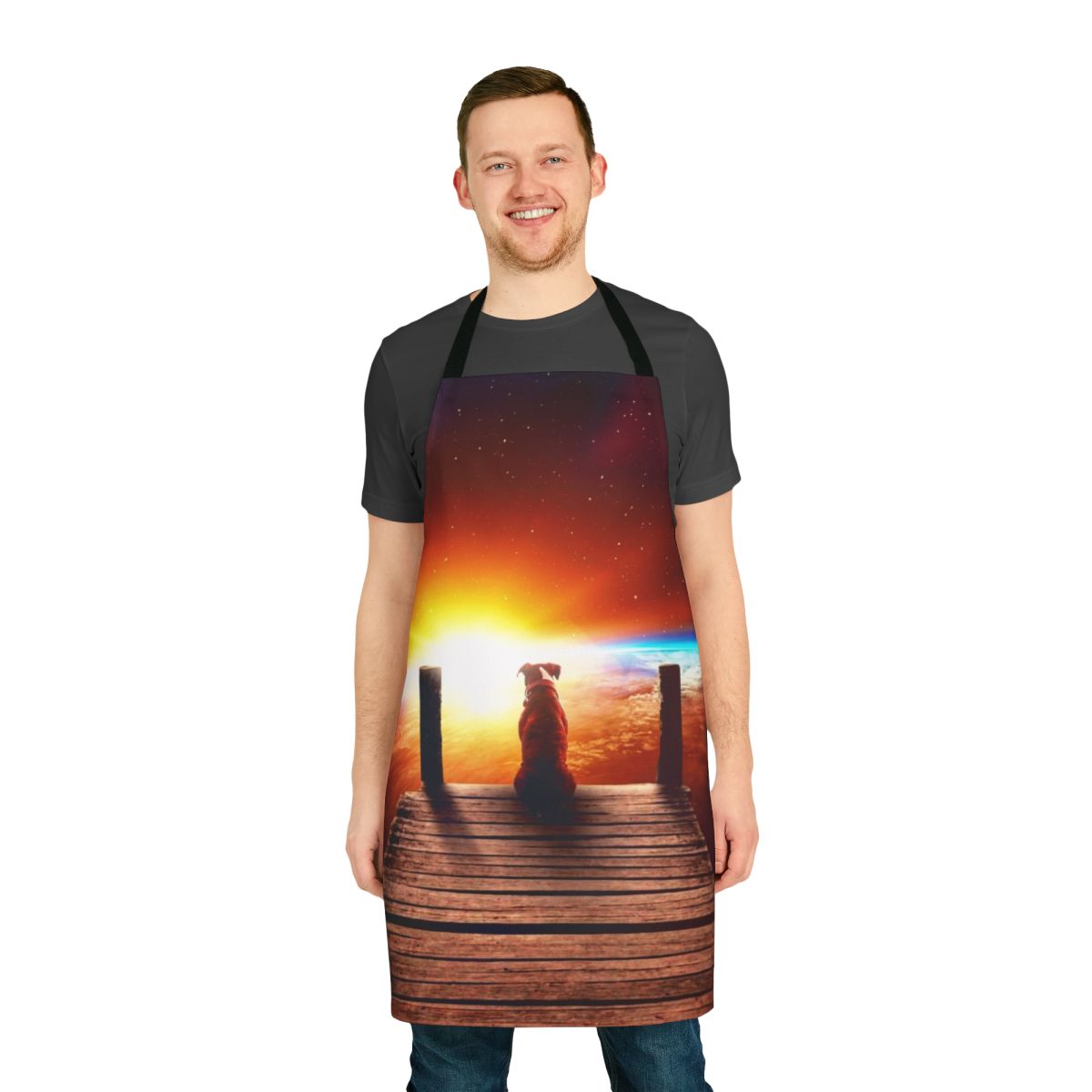 A surreal digital collage apron featuring a dog in a space-themed design