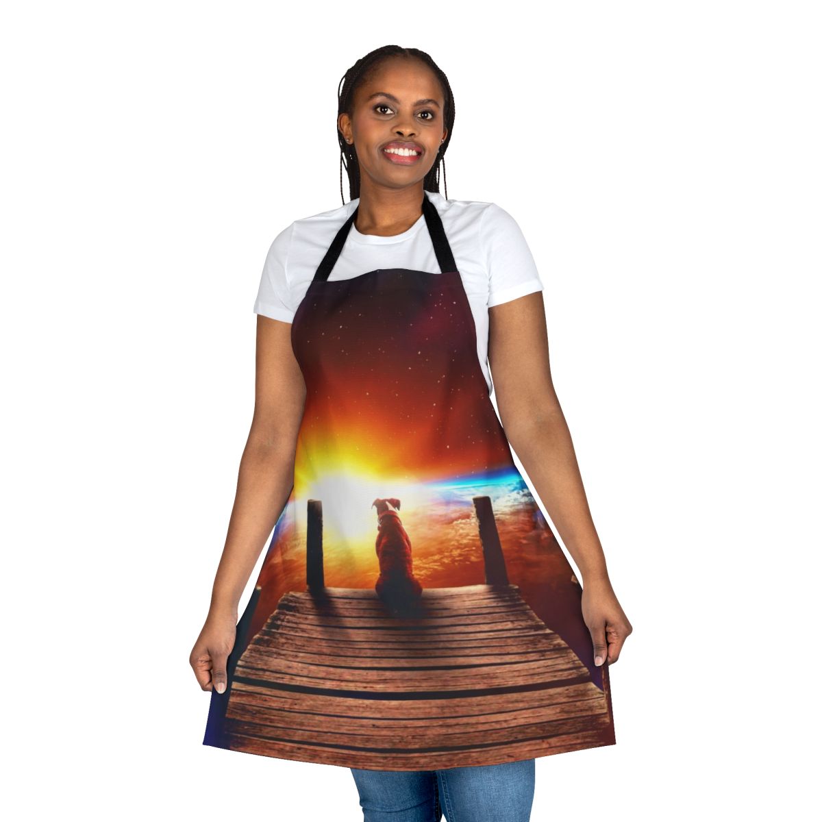 A surreal digital collage apron featuring a dog in a space-themed design