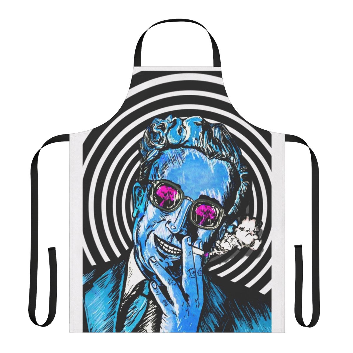 Surreal apron inspired by the classic Stanley Kubrick film "Dr. Strangelove", featuring hypnotic graphics and references to the nuclear bomb and Peter Sellers' character.