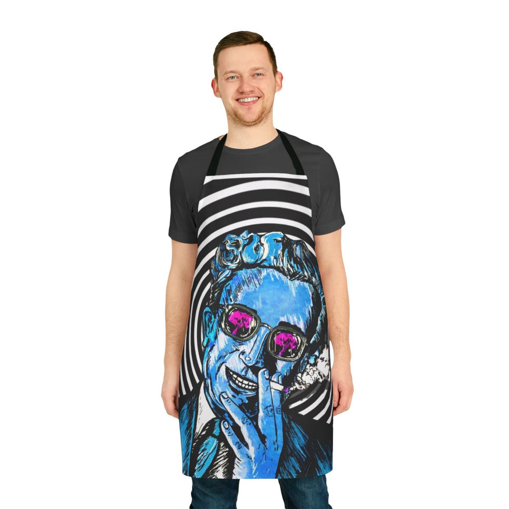Surreal apron inspired by the classic Stanley Kubrick film "Dr. Strangelove", featuring hypnotic graphics and references to the nuclear bomb and Peter Sellers' character.