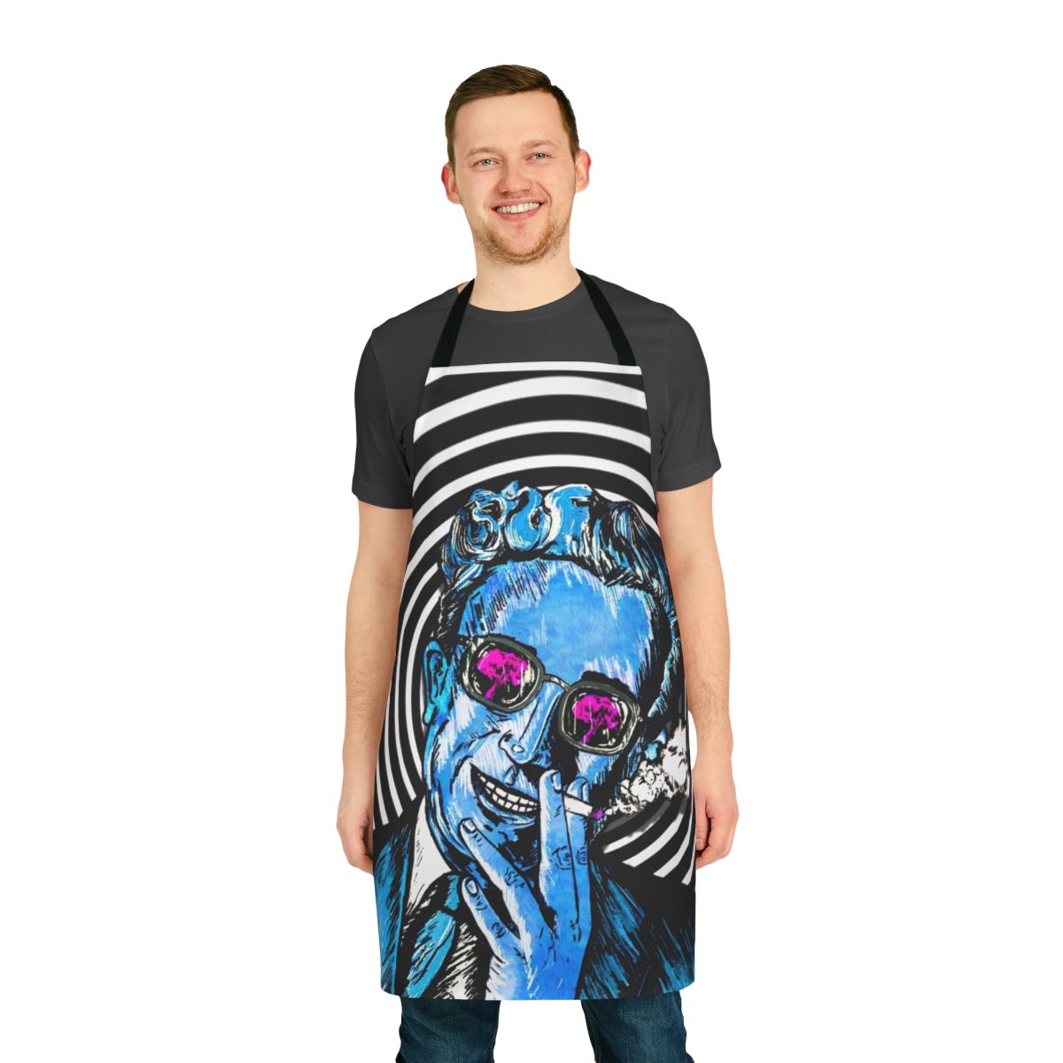 Surreal apron inspired by the classic Stanley Kubrick film "Dr. Strangelove", featuring hypnotic graphics and references to the nuclear bomb and Peter Sellers' character.
