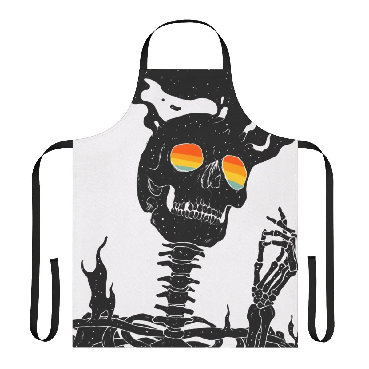 Surreal apron featuring a skeleton design against a backdrop of stars, moon, and rainbow colors